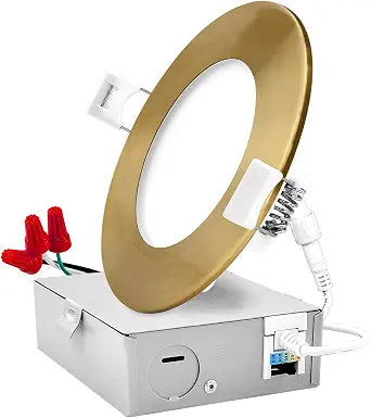 LUXRITE 4" Ultra Thin LED Recessed Light, with J-Box, 10W, Brass Trim