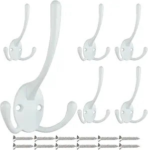 IBosins 6 Pack White Big Heavy Duty Three Prongs Coat Hooks for Thick Coat