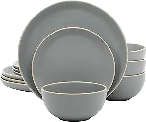 Gibson Home Rockaway 12-Piece Stoneware Dinnerware Set, Matte Finish, Service for 4, Modern Ceramic Plates and Bowls, Microwave & Dishwasher Safe Soft Gray - Service for 4