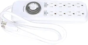 Southwire Woods Indoor 8-Outlet Power Strip Timer - Power Strip with Built-In Mechanical Timer - Programmable Outlet Strip - Grounded Outlets - Daily Power Control - White
