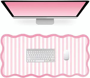 Scalloped Desk Mat 31.5" x 15.7", Cute Pink White Stripe Large Mouse Pad Keyboard Pad Computer Desk Pad for Office Laptop Mouse Keyboard Pad(Striped Pink)
