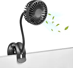 Clip On USB Mini Desk Fan with Emergency Power Bank, Battery Operated Rechargeable Portable Fan - Flexible Neck, 3 Speed Personal Cooling for Car, Camping, Office, Dorm, Beach - Black