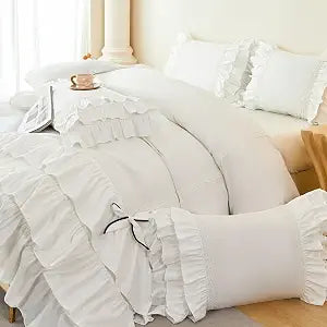 Ruffle Duvet Cover Twin Size, Girl Bow Bedding, Shabby Chic French Country Style for Bed Decor, 2PCS - 1 Twin Duvet Cover 66x90 Inch and 1 Pillowcase, Coquette Princess - White