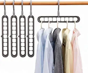 Space Saving Clothes Hangers | 4 Pack Sturdy Cascading Hangers with 9 Holes for Heavy Clothes | Closet Organizers and Storage | Durable Premium Quality Plastic | 4 Pack - Grey