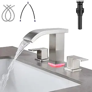 LED Light Widespread Bathroom Faucets for Sink 3 Hole Waterfall -Bathroom Faucet with Pop-up Drain Assembly, 8 Inch Bathroom Sink Faucet 2-Handles,Modern Lavatory Vanity Faucet
