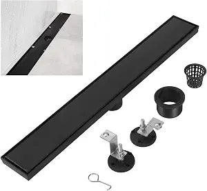 Linear Shower Drain, Black 304 Stainless Steel Rectangle Shower Floor Drain, 24 inch with 2 in 1 Tile Insert and Flat Panel, Linear Drain with Adjustable Feet,Hair Filter