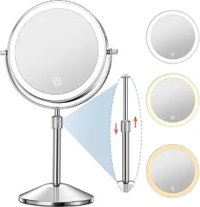 Vanity Mirror with Lights 7" Rechargeable 1x/10x Lighted Makeup Mirror Adjustable Height Double Sided Mirror with Lights 360Rotating Makeup Mirror