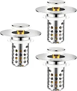 Universal Bathroom Sink Stopper, Pop Up Sink Drain Strainer Plug with Removable Stainless Steel Filter Basket Hair Catcher, Bathroom Bathtub Drain Stopper for 1.1-2.36 Inch Basin(3PACK)