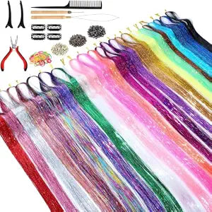 Hair Tinsel Extensions Kit with Tools (48 Inch, 24 Colors, 6000 Strands)