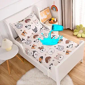 Bed Fitted Sheet and Pillowcases Set,TPU Waterproof Mattress Protector,Cute Doggy Printed Bed Sheets for Kids (Cream, Twin)