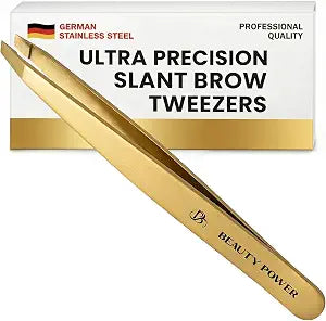 Beauty Power Tweezers for Women Facial Hair: Ultra Precision Tweezers for Women & Men, Sharp Slant Tweezer for Eyebrows, Ingrown Hair Removal. Professional Plucker + Case, German Stainless Steel Gold
