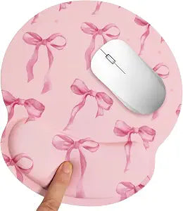 Pink Bow Mouse Pad with Wrist Rest, Ergonomic Mouse Pad for Desk, Memory Foam Wrist Support, Non-Slip Rubber Base Coquette Mousepad, Cute Girly Desktop Pad for Computer Office Desk Accessories