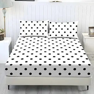3 Pcs Twin XL Size Cooling Polyester Sheet Set, White Black Polka Dot Print, Soft Cozy All-Season Bedding Set with 1 Fitted Sheet and 2 Pillowcases, Breathable Comfortable Sheets for Bedroom