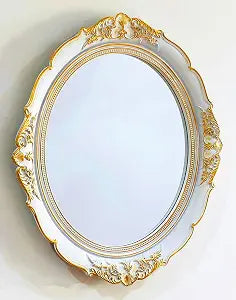 White Gold Trim Oval Mirror Decor Tray 15x13.4 Inch Wall Mounted Hook Vanity Organizer for Jewelry Cosmetics Dessert Photography Prop Bedroom Living Room