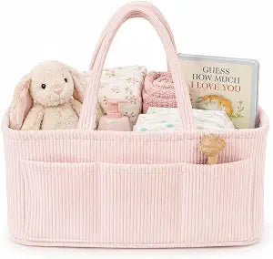 Diaper Caddy Organizer, Premium Baby Pink Corduroy Nursery Storage Basket with Removable Dividers & Handles, Portable Organizer for Diapers, Essentials, Baby Registry & Shower Gift