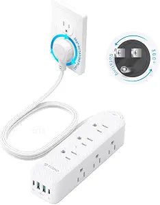 TROND 360 Rotating Flat Plug Power Strip 5ft with USB PD 20W, 9 AC, White