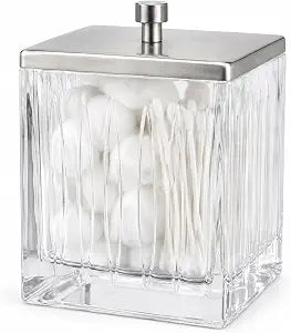 Vince Camuto Home Glass Cotton Jar Holder Nickel Lid, Elegant Bathroom Storage Canister for Qtips, Cotton Balls, Floss, Makeup Organizer, Vanity & Bathroom Organization