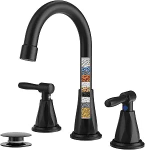 Bathroom Faucets with Filter, Widespread Black Bathroom Sink Faucet for 3 Holes with Pop-up Drain Assembly, Two Handle Vanity Faucet (Contemporary)