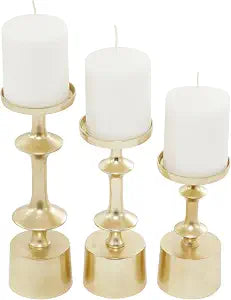 CosmoLiving by Cosmopolitan Aluminum Metal Decorative Candle Holder Pillar Candle Stand, Set of 3 Candlestick Holder 11", 9", 7" H, Gold