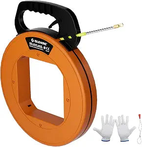 100FT Fiberglass Fish Tape Wire Puller, 3/16-Inch Non-Conductive Electrical Cable Pulling Tool with Ergonomic Handle, Durable Housing and Steel Leader for Conduit and Wall Wiring
