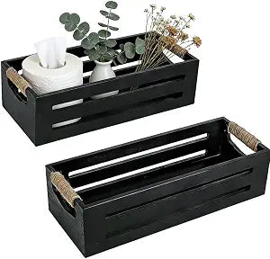 2Pack Wooden Bathroom Storage Crates with Rope Handles - Rustic Farmhouse Toilet Tank Topper Organizer Bin for Toilet Paper, Bathroom Decor, Kitchen Countertop & Home Organization (Black)