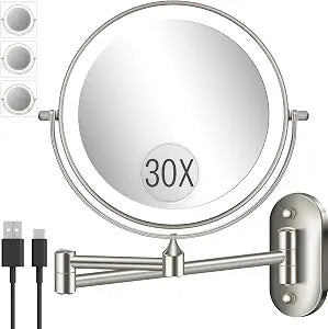 VFD 8'' 30X/1X Wall Mounted Lighted Magnifying Makeup Mirror with Lights