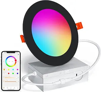 SikSog Black Smart Recessed Lighting 4 Inch RGBCW Color Changing 12W LED Downlight with Junction Box,1080 Lumen Recessed Ceiling Light Compatible with Alexa,Dimmable by Bluetooth Control -1Pack