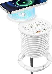 PD 20W USB C Desk Power Grommet with 15W Wireless Charger Cover, 3-1/8'' Recessed Power Strip with 18W USB A and 2 AC Outlets,Hidden Power Outlets with 6FT Cords for Office, Home, Conference(White)
