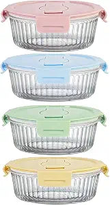 12oz Round Glass Food Storage Containers with Lids and Foldable Cutlery, 1.5 cup Round Glass Lunch Containers, Small Food Bowls for Office, School, Outdoor, Microwave, Freezer Safe -4 Pack