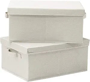 HOONEX Foldable Storage Bins with Lids, 2 Pack, Storage Boxes with Carrying Handles and Sturdy Heavy Cardboard, 16.5" L x 11.8" W x 7.5" H for Shoes, Books, Clothes, Beige