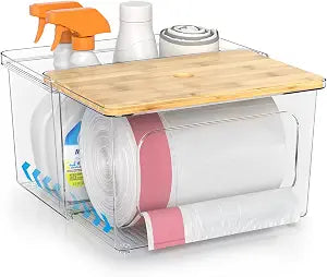 Trash Bag Holder,Garbage Bag Dispenser with Bamboo Lid and Drawer