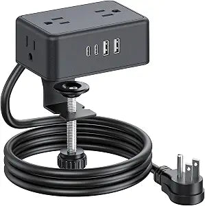 Desk Clamp Power Strip with USB C, 8-in-1 Desktop Mount Surge Protector, 4 AC Outlets, 2 USB-A, 2 USB-C (20W), Clamp On Desk Outlet with 6.6FT Flat Plug for Home Office
