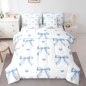 Feelyou Blue Bow 7 Pieces Comforter Set Twin Size for Kids Boys Girls Cute
