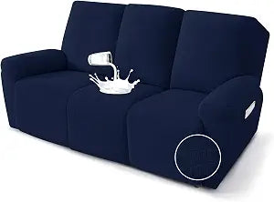 MAXIJIN Waterproof Recliner Couch Cover 5 Pieces Recliner Sofa Covers 3 Seater, Reclining Couch Furniture Protector with Elastic Straps & Pockets for Pet, Kids (Sofa Recliner, Navy Blue)