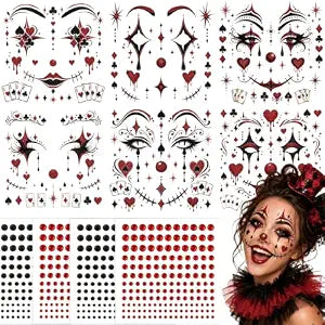 10 Sheets Halloween Glitter Clown Face Makeup Tattoos Stickers Black Red Rhinestone Jewels Eyeshadow Face Fake Temporary Tattoo for Day of Dead Horror Cosplay Carnival Party Decoration