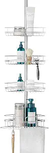 Zenna Home Tension Pole Shower Caddy Corner Organizer, Adjustable Standing Shower Caddy with 4 Baskets and Built in Towel Bar, Rust Resistant Bathroom Tension Rod Organizer, 60 to 97 Inch, Chrome