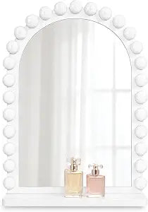 Arched Wall Mirror with Shelf, 12x16 Inch Wooden Bead Bathroom Mirror, Decorative Hanging Vanity Mirror for Entryway, Bedroom and Bathroom, White