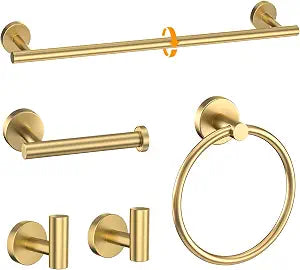 Brushed Gold Towel Bar Set 5 Pieces Round Bathroom Hardware Set Includes 23.6in Towel Rails Towel Ring Toilet Paper Holder Towel Hooks Stainless Steel Wall-Mounted Bathroom Towel Holder Set