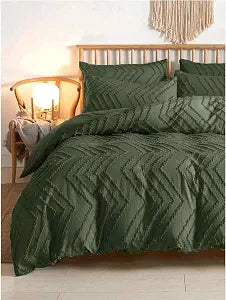Nanko Olive Green Duvet Cover King Size, 3pc Boho Tufted Microfiber Bedding Comforter Cover Set, All Season Aesthetic Shabby Chic Soft Embroidery Textured Geometric Quilt Cover (104x90)