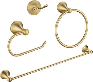 Brushed Gold Bathroom Hardware Set Wall Mounted Gold Accessories Set 4 Pieces Bathroom Hardware Set, 23.6 inch Towel Bar | Towel Hook | Toilet Paper Holder | Hand Towel Holder