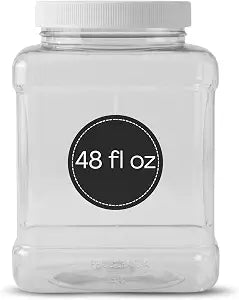 Pride of India Clear Food Grade PET Plastic Jar 48 Fluid Ounce | Square-Grip Plastic Containers for Snacks, Candy, Cereal, Pet Food, Kitchen, Pantry & Household Storage (4-5 Cup Storage Capacity)