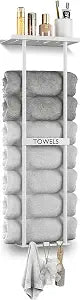 Towel Racks for Bathroom, Wall Mounted White Metal Towel Holder with Top Floating Tray & 3 Hooks, Holds 4 Large Rolled Bath Towels, Space Saving Towel Organizer for Small Bathroom, Apartment, RV