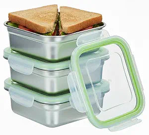 Set of 3 Stainless Steel Sandwich Containers - Food Grade Metal Base with a BPA Free, Leakproof & Airtight Sealed Lid. Great for Sandwiches, Snacks, Meal Prep & Food Storage - Sandwich Box.