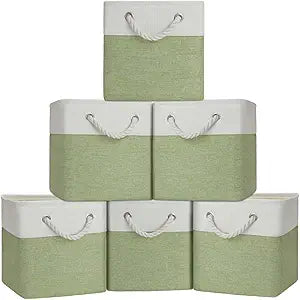 Cube Storage Bins, Collapsible Fabric Storage Cubes Bins, 11 Inch Cube Storage Bins with Handles, Foldable Storage Cubes (White/Green, 6Pack)