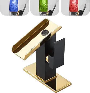 One Hole Bathroom Faucets LED Waterfall Spout Black and Gold RGB 3 Colors Light Changing Temperature Lavatory Vanity Sink Faucet Brass Single Handle Modern Washbasin Bath Tap Commercial Residential