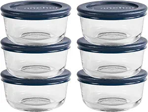 Anchor Hocking 1 Cup Glass Storage Containers with Lids, Set of 6 Glass Food Storage Containers with Navy Blue SnugFit Lids