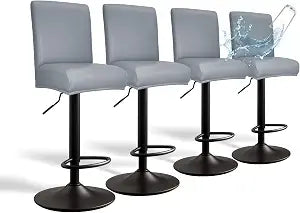 PU Leather Bar Stool Covers with Backs, 4 Pack Stretch Waterproof Bar Stool Chair Covers Washable & Comfortable Barstool Covers Slipcovers with Back for Pub/Counter/Dining Room Decoration (Grey)