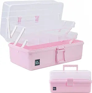 Creahaus 13 inch Art Craft Organizer Storage Box with 3 Layer, Multipurpose Plastic Tool Box with Handle for Sewing, Art Supply, Medicine, Nail, Hair Accessories (Pink)
