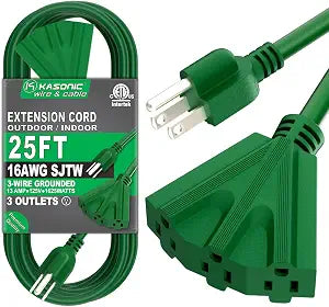 K KASONIC 25 FT 3 Outlet Outdoor Extension Cord, 16/3 Grounded Cord, Green