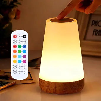 Night Light, Dimmable Touch Lamp and Remote Control, 13 RGB Colors & 5 Brightness, Rechargeable Bedside Table Lamp for Baby Kids Nursery Bedroom Bathroom Camping (Wood Grain)